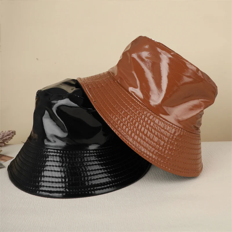 2023 Fashion Bucket Hat Women Girls Leather Solid Panama Cap Hat Hiking Hat Fishing Cap Foldable Hip-Hop Street Waterproof