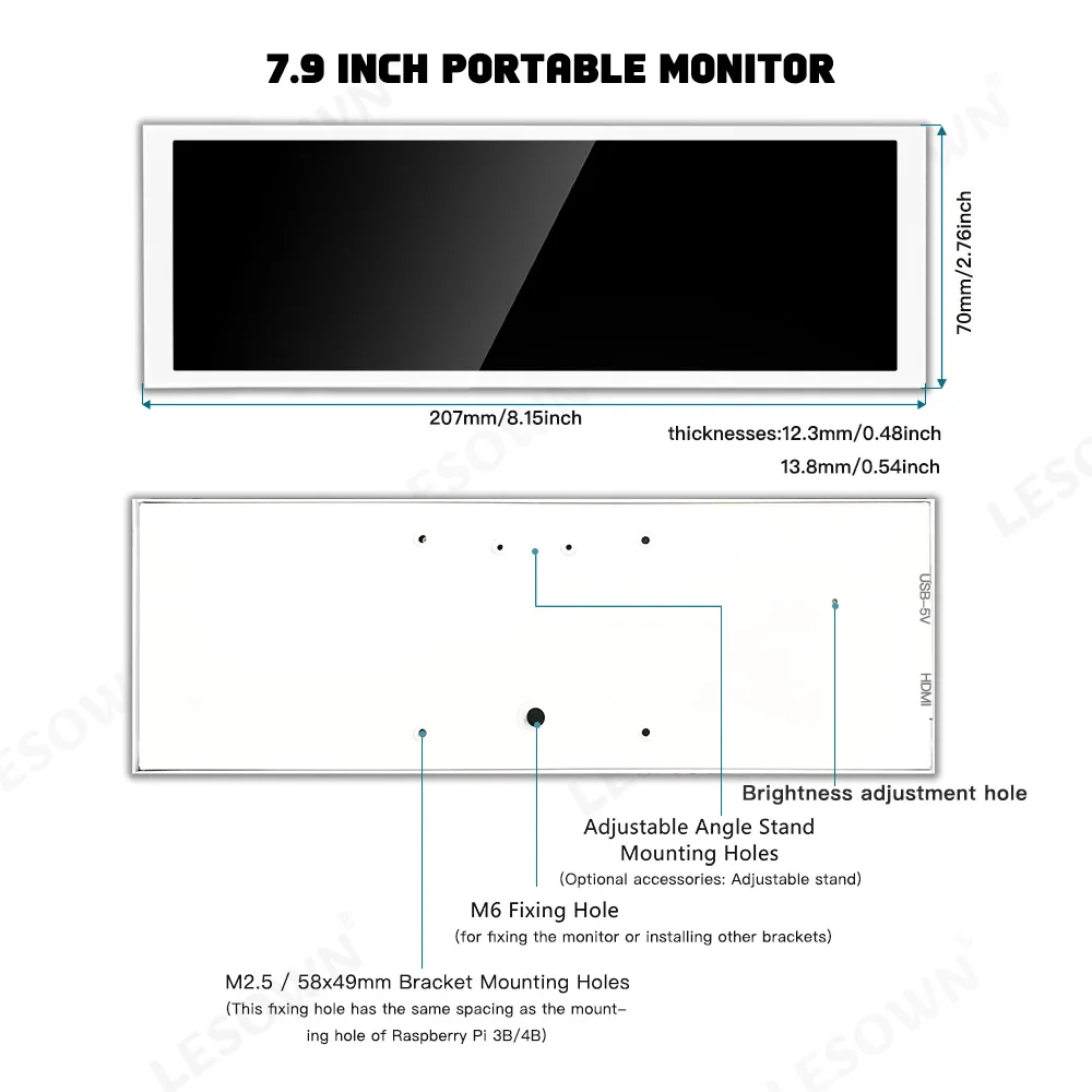 LESOWN 7.9in Aluminium White Secondary Screen Plug and Play 1280x400 HDTV Mac Secondary Monitor 60Hz