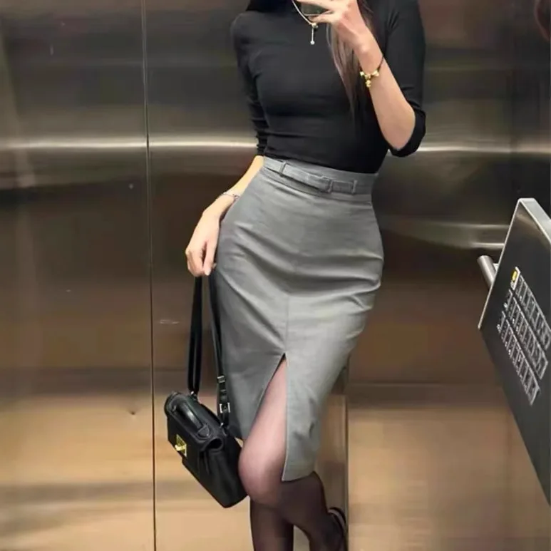 High Waist Slimming Asymmetric Midi Suit Skirt Women's Autumn Winter Grey Belted Wrap around Skirt Cotton Linen Blend Material