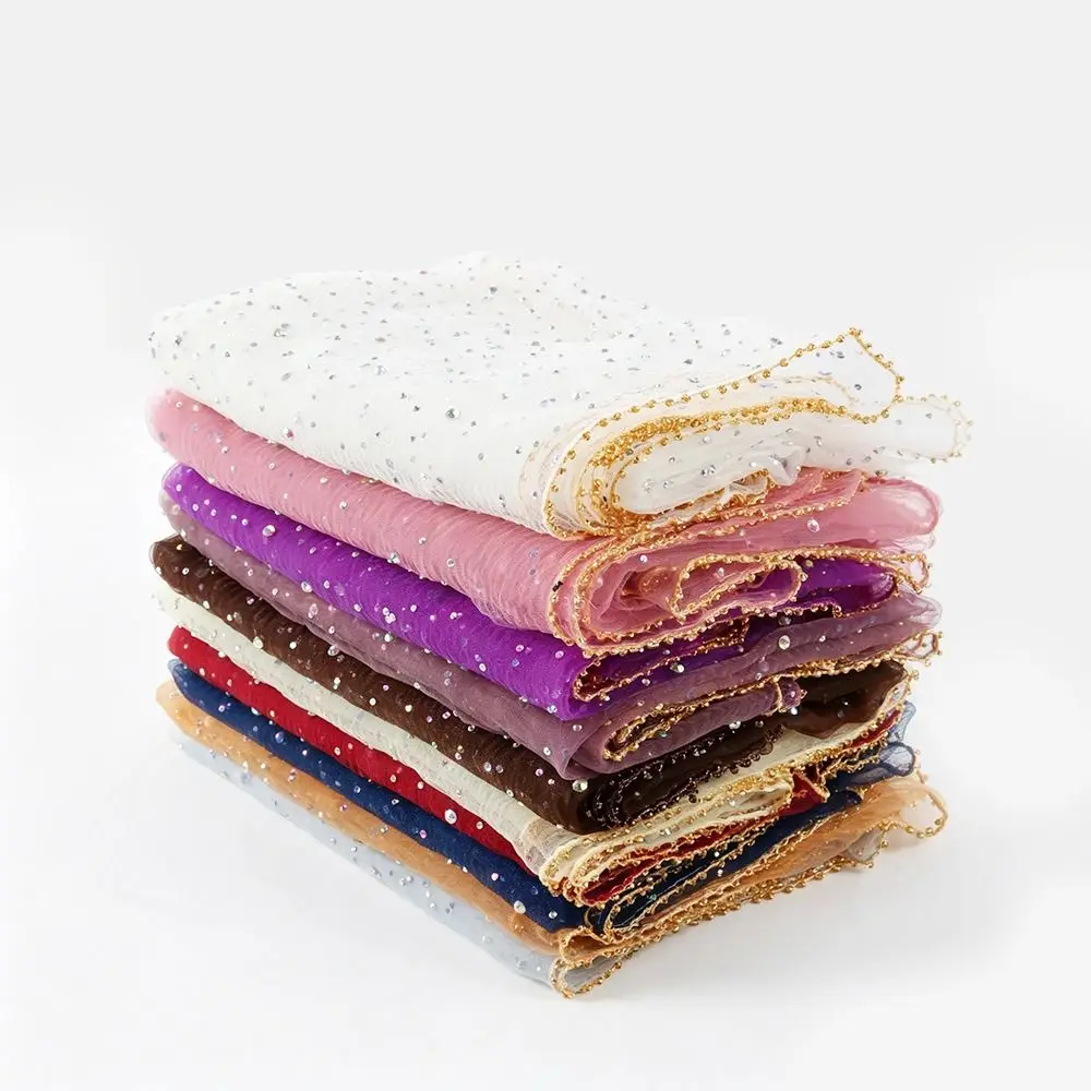 Sparkle Hotfix Rhinestone Square Scarf Sequin Gold Trim Sparkling Headwrap Lace Trim Breathable Fabric Lace Shawl Headband