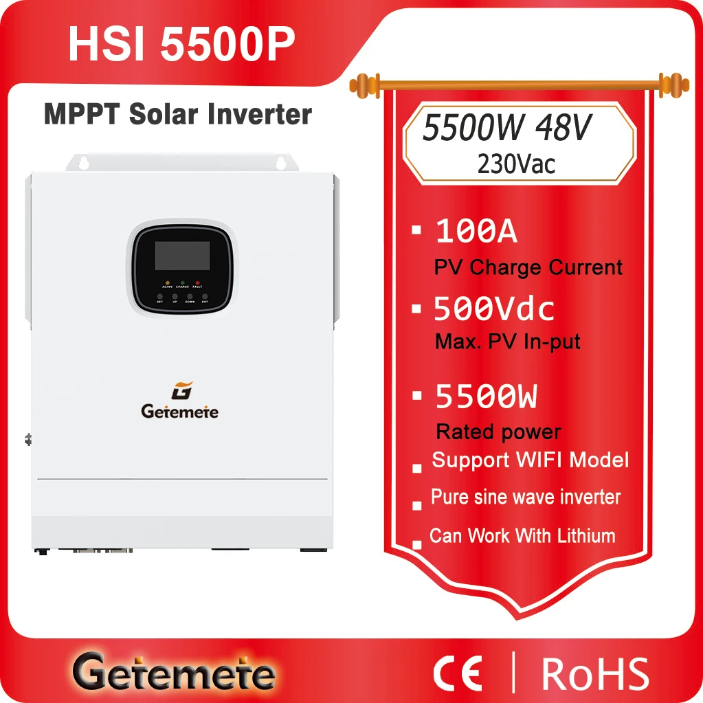 

GTMT 5500W 48V 230VAC Pure Sine Wave Off-Grid Hybrid Inverter MPPT 100A Solar Charger Max PV Input Voltage 500VDC