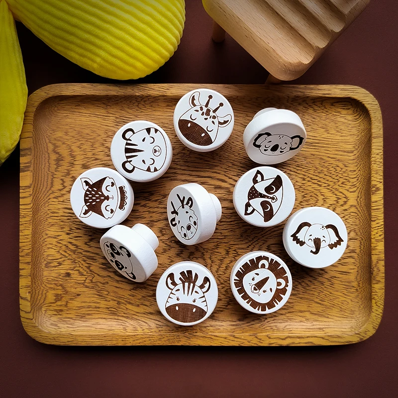 6Pcs Drawer Knob Mickey Mouse Wooden Engraved Cabinet Pulls Kitchen Room Boho Nursery Dresser Knobs Children Furniture Handle