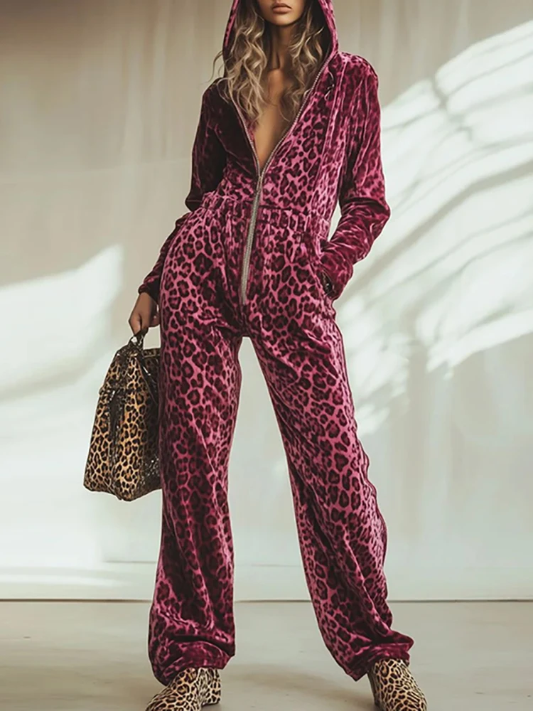 

Винтажные женские комбинезоны с карманами и высокой талией, повседневные комбинезоны на молнии с длинными рукавами и капюшоном, новый осенне-зимний комбинезон с леопардовым принтом