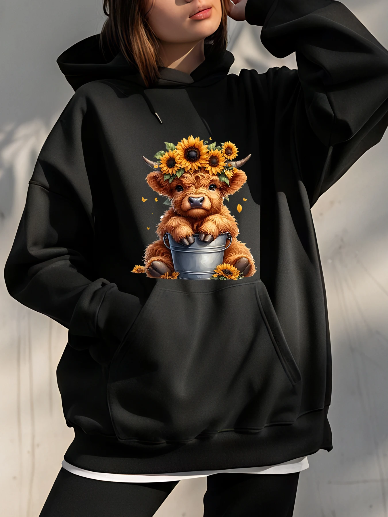 

Cute Cow Sunflower Print Hoodie Women's Casual Autumn Winter Sweatshirt Unisex Fashion Pullover Outwear for Youth and Adults