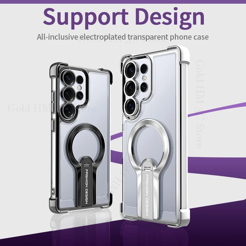 

For Magsafe Fold Kickstand Clear Case For Samsung S25 Ultra 5G Four Corners Shockproof Bracket Plating Cover For Galaxy S25 Plus