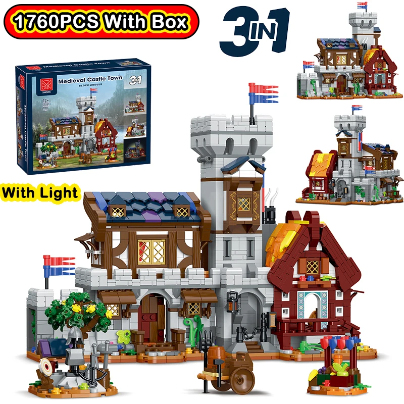 

With Light 1760pcs 3IN1 Medieval Castle Town Building Set Street View Architecture Building Block Assembly Model Toys Gift Decor