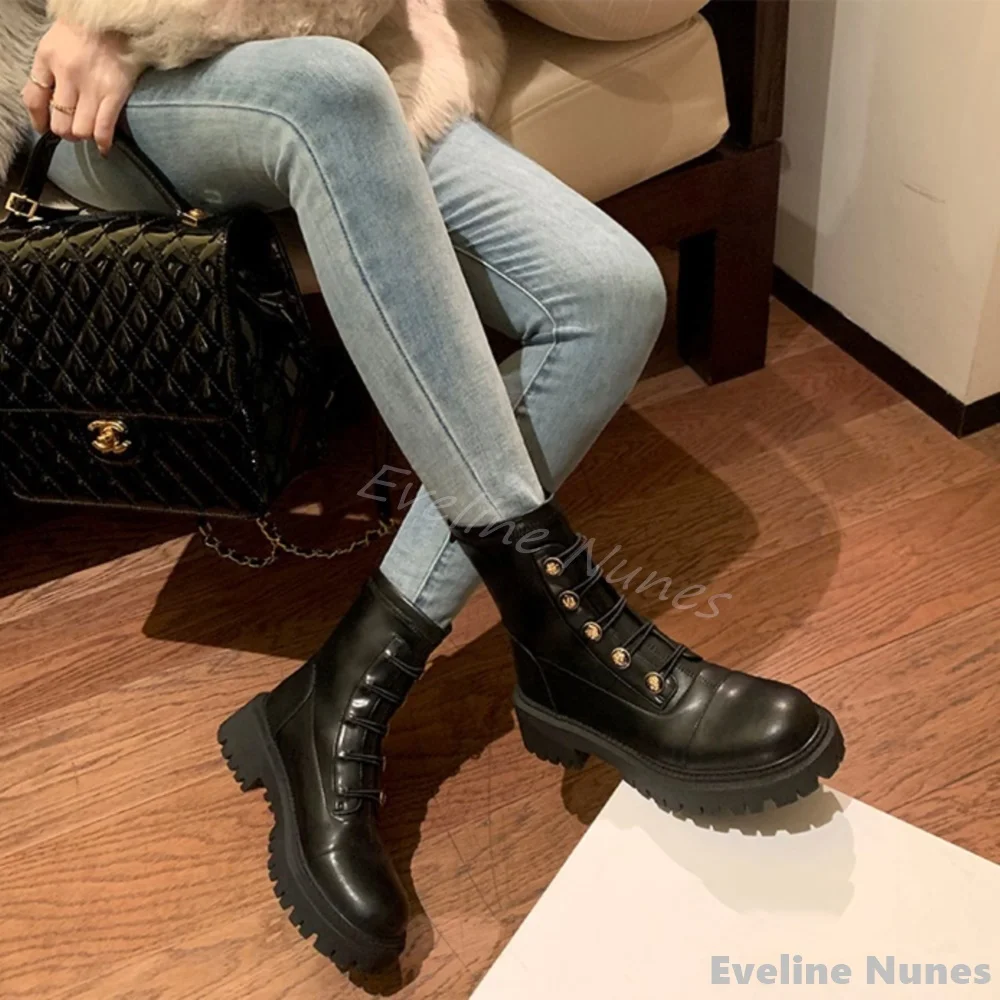 Gold Buckle Platform Mid-calf Boots Women Round Toe Cross Tied Thick Sole Chunky Heel Black Leather Short Boots New Fashion Boot