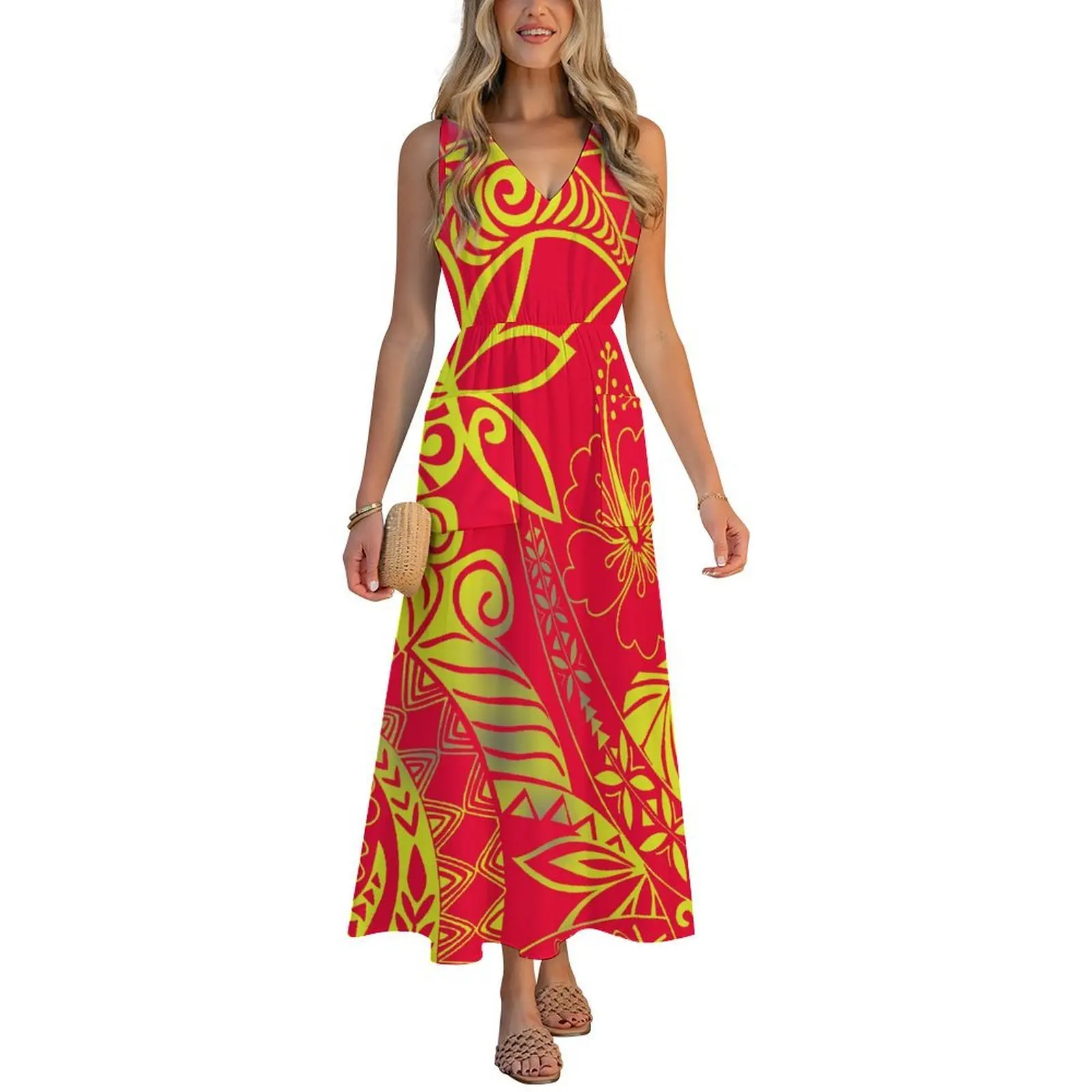 

Элегантная блузка с V-образным вырезом, открытой спиной, поясом и квадратным карманом в полинезийском стиле для женских платьев.