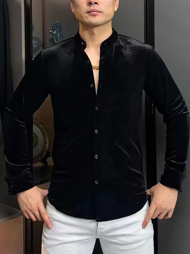 

Men's Thiened Velvet Long Sve irt Stand Collar Casual Bla Winter Faion Ci Sle Stand Fit Button up Cool irt