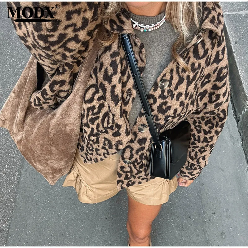 [modx] Bottoni corti a maniche lunghe con colletto ribaltabile Stampa leopardata, giacca da donna casual ampia