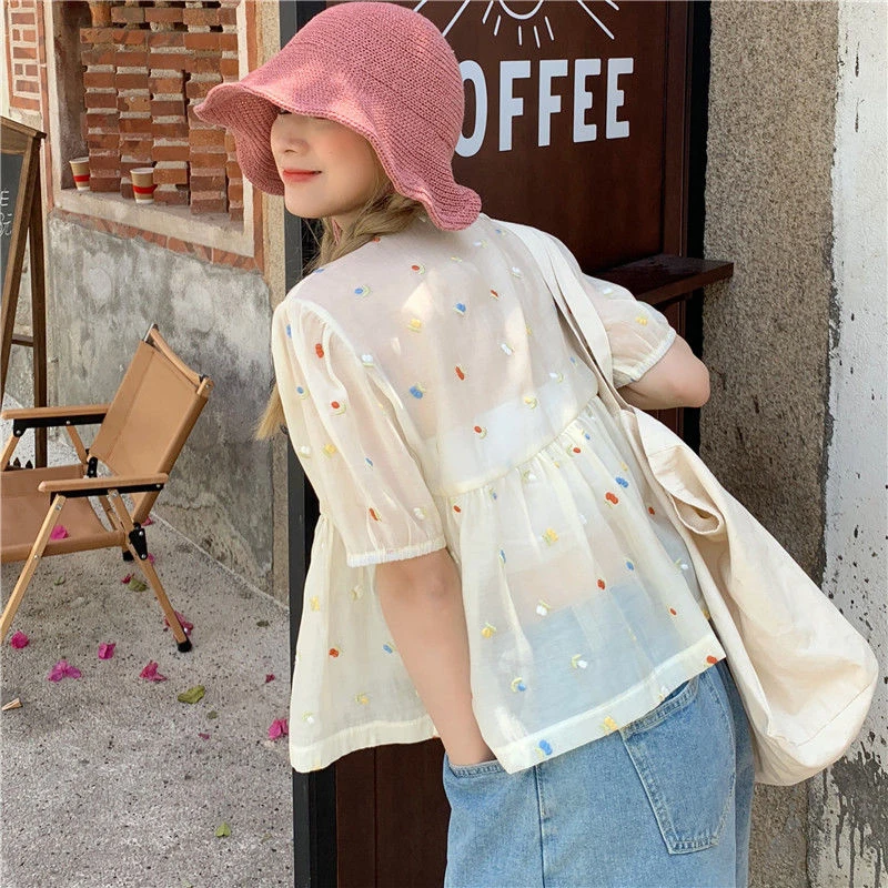 MEXZT Sweet Shirts Women Kawaii Cute Print V Neck Puff Short Sleeve Blouse Student Korean Fashion Embroidery Loose Casual Top