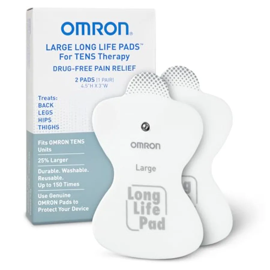 

OMRON Long Life Pads for TENS Unit Muscle Stimulator - Large - Drug-Free Pain Relief - Includes 2 Reusable TENS Unit Pads - Dur