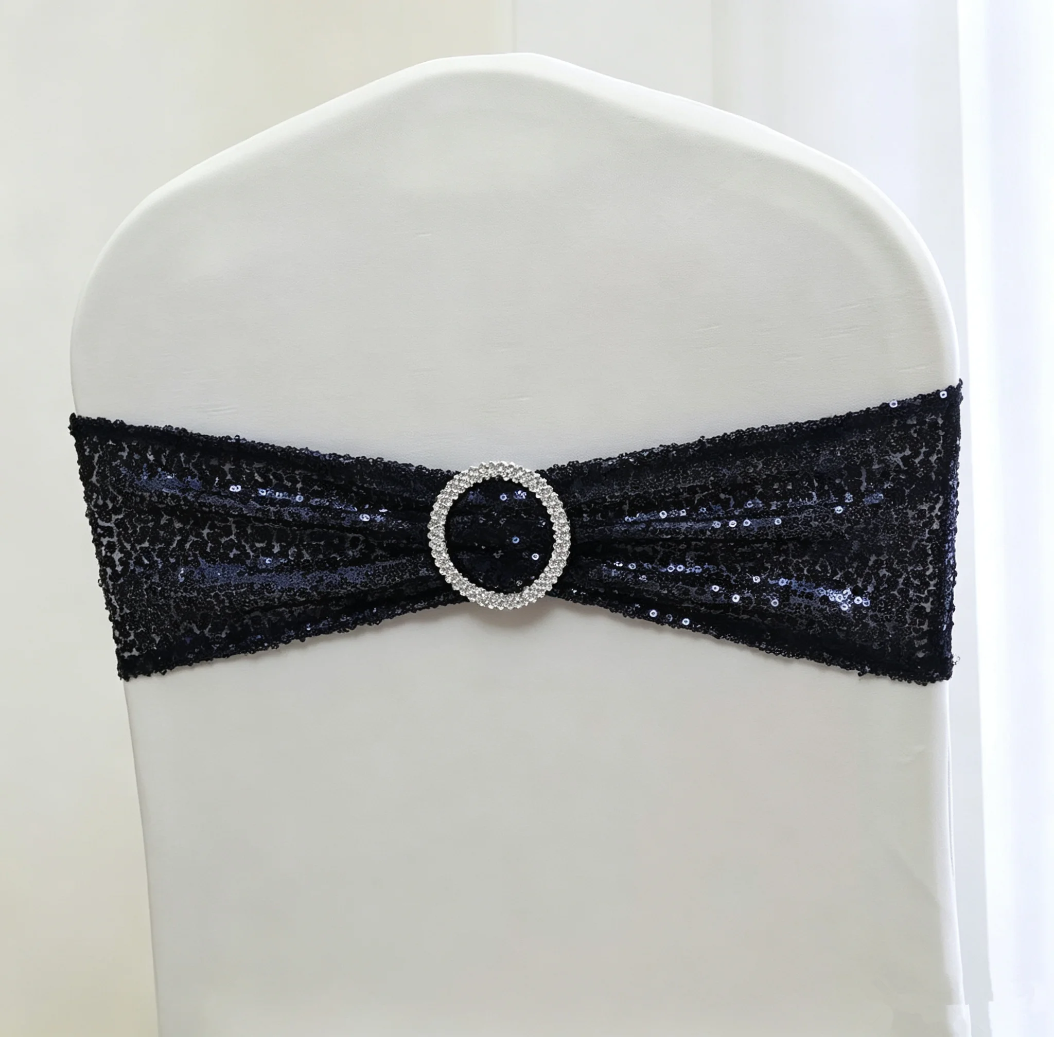 Sequin Silver Lycra Chair Band Spandex Sash No-Tie Bow with round Buckle for Chair Cover Wedding Event Party Decoration