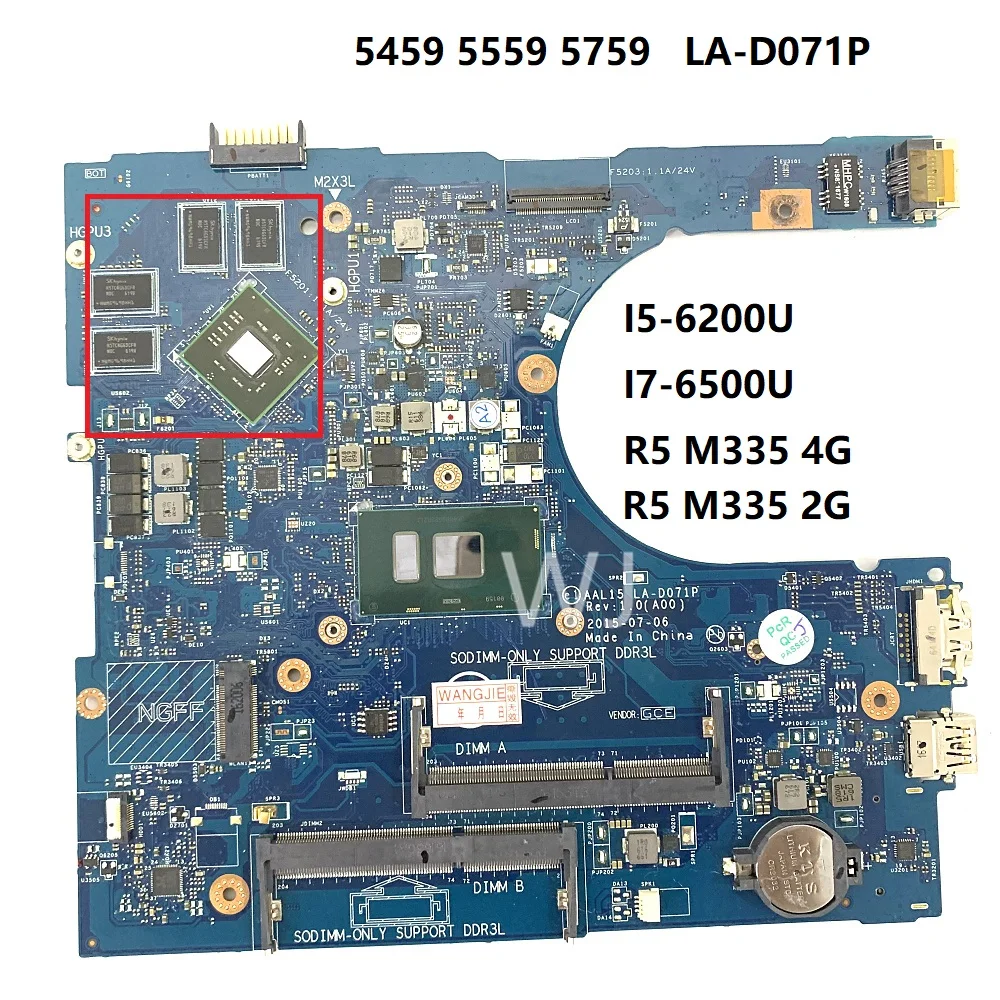 LA-D071P For dell 5559 Notebook Motherboard CN-03JXDM OT66WJ 0YVT1C 0F1JDW 0F1J0W  Mainboard with I5-6200U I7-6500U R5M335 2G 4G