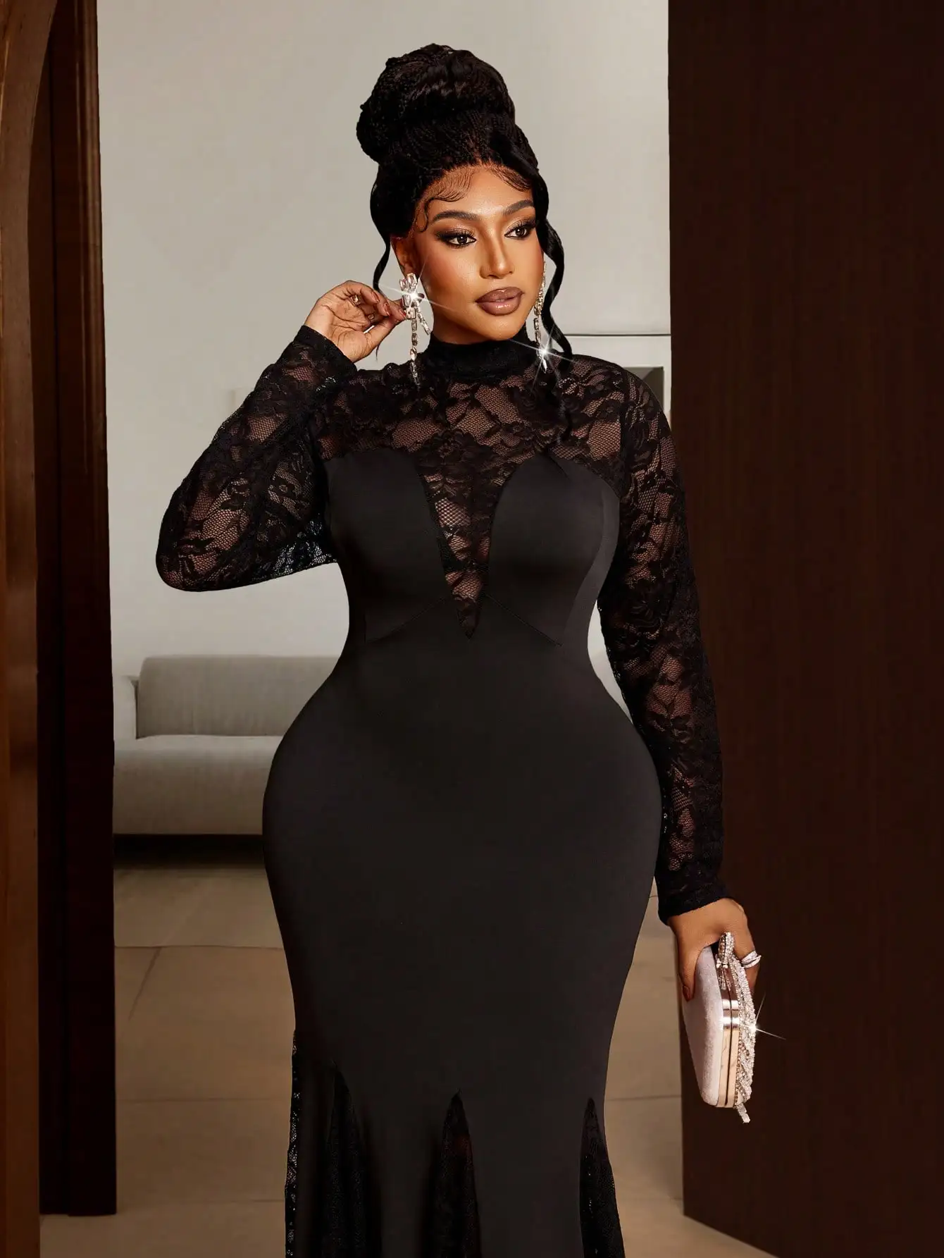 

Plus Size Long Sleeve Lace Trim Fishtail Dress for Holiday Parties