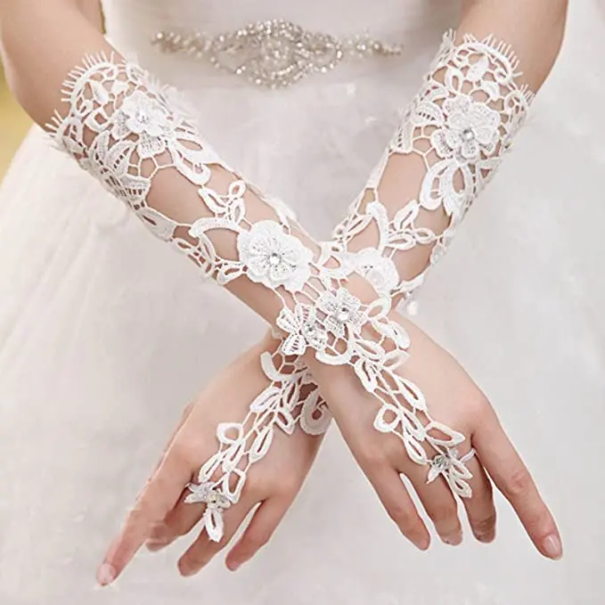 Guantes de boda de encaje de cristal para mujer, guantes de novia sin dedos con codo, accesorio largo Floral de marfil para novia