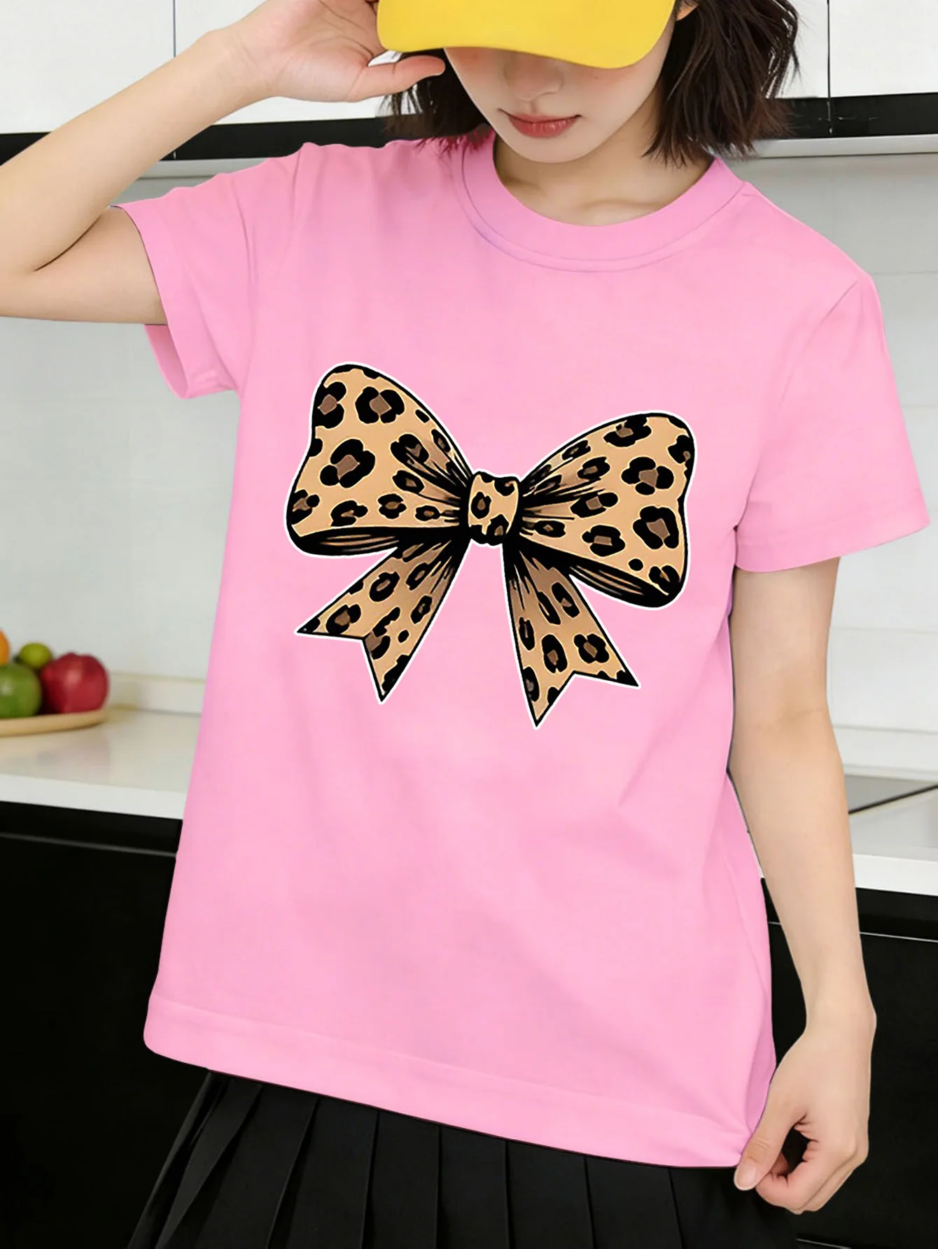 Cute Leopard Print Bow Pattern Graphic Kids Tee Boys Girls Family Matching Cotton Crew Neck Short Sleeve Soft Summer Tee