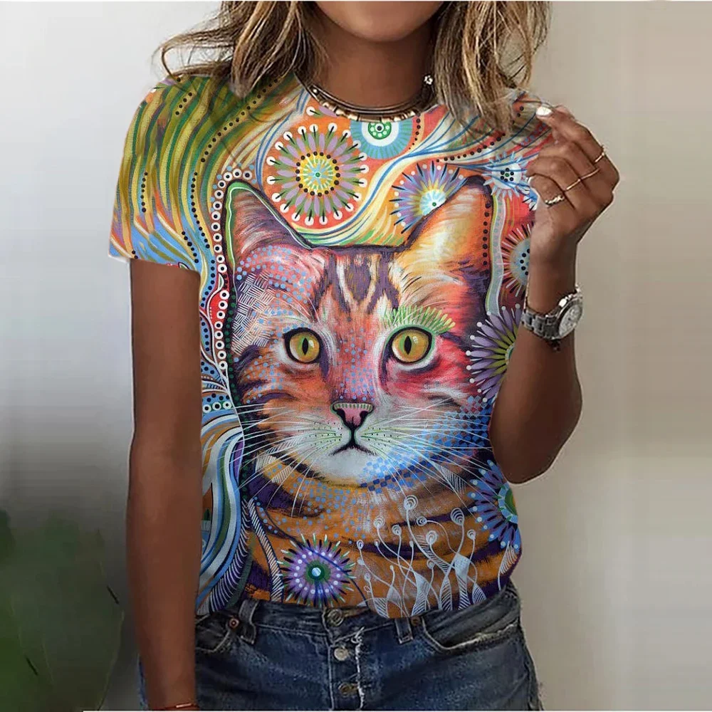 

Colorful Women's T-shirt Comic Flower Cat Print Tops Tees O-Neck Short Sleeves Female Clothes Oversized T Shirt Womans Clothing