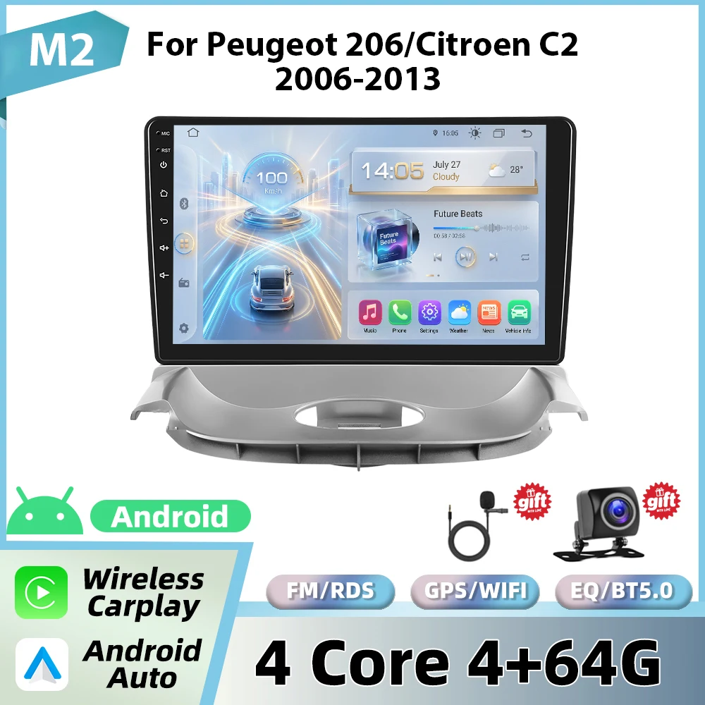 Podofo autoradio voor Peugeot 206 2004-2008/Citroen C2 2006-2013 met draadloze CarPlay, Android Auto, GPS, FM, WiFi, BT en multimedia stereo.