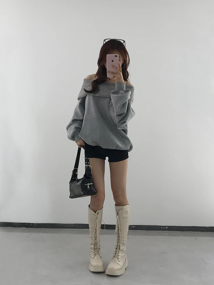 فضفاض oulder قطعة واحدة هوديي المرأة Sle الكورية تصميم الخريف جديد Faion صغير ence واسعة Ne أعلى ألياف البوليستر