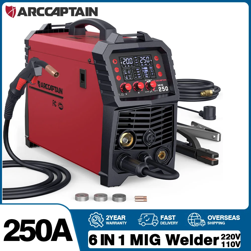 250A 6 in 1 Semi-automatic MIG Welder Non Gas MIG MAG Lift TIG MMA Spot Spool Gun Aluminum Welding Synergy Multiprocess Welders