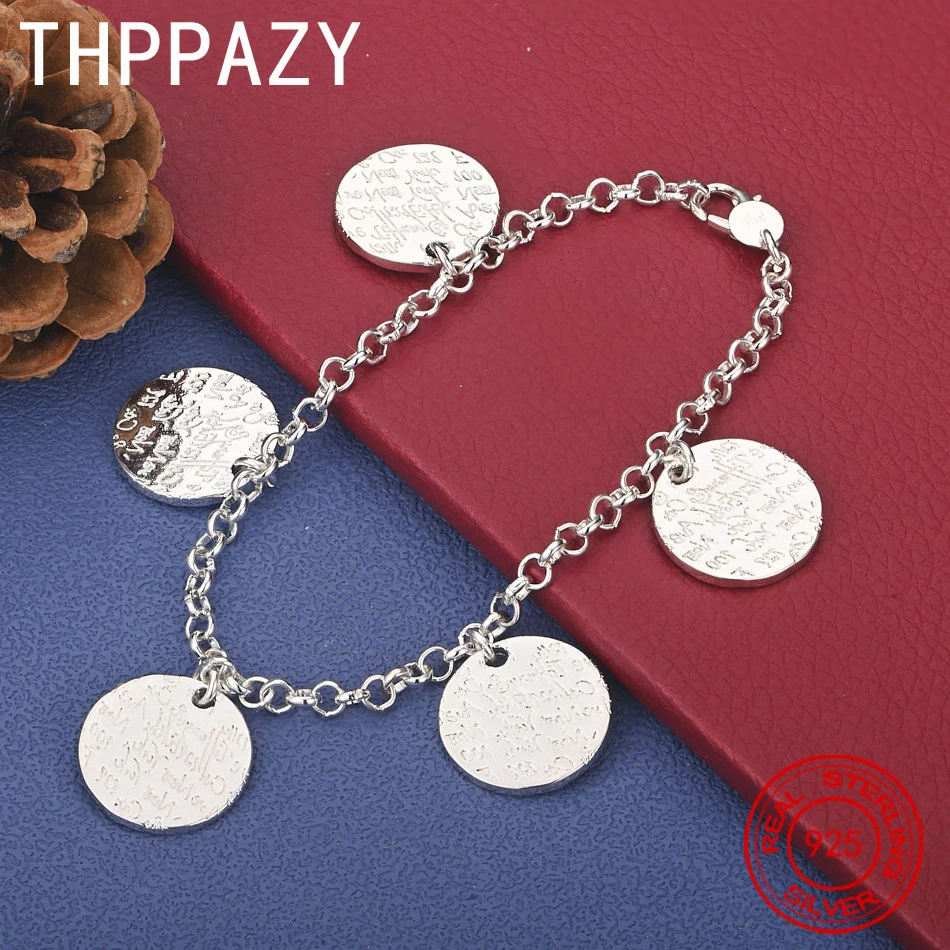 

THPPAZY 925 Sterling Silver Round Pendant Bracelet 20cm Chain For Men Engagement Party Fashion Simple Versatile Jewelry Gift