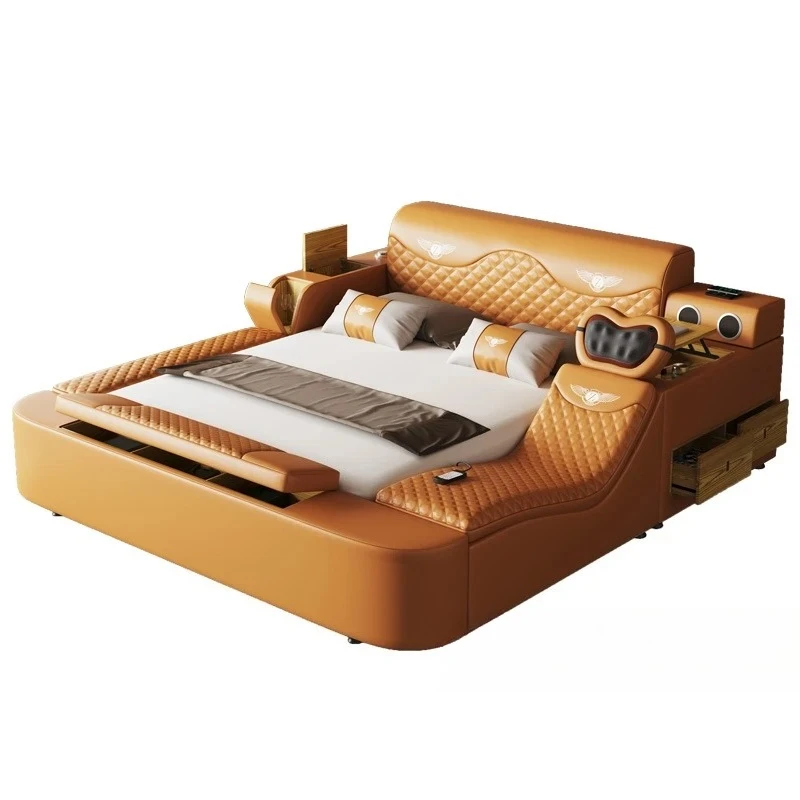#All In One Bed, Genuine Leather Bed King/Queen Size with Storage, Speaker,LED Light & USB, Luxury Upholstered Platform Bed Fram