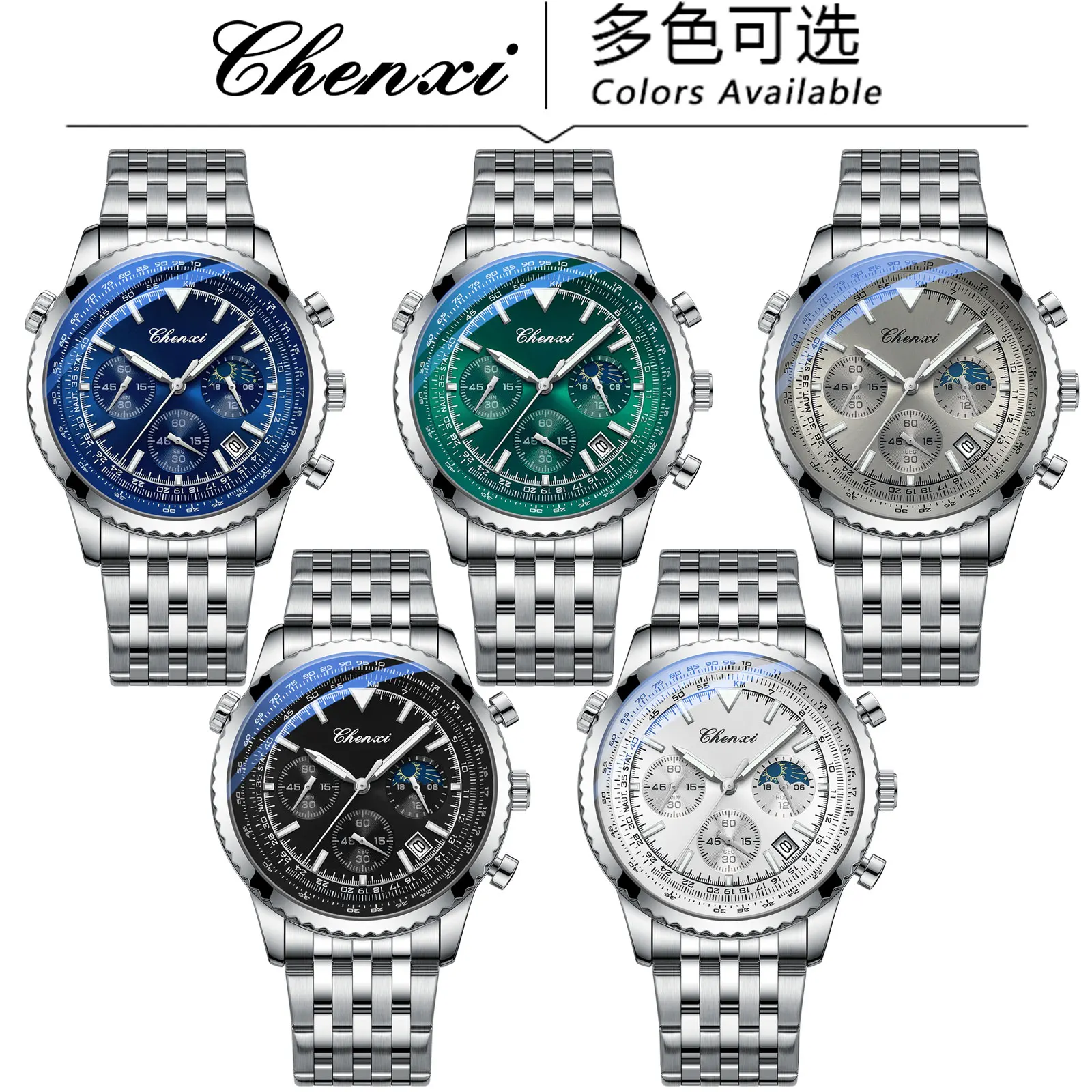 CHENXI 928 Luxury StopWatch Moon Phase Waterproof Male Clock