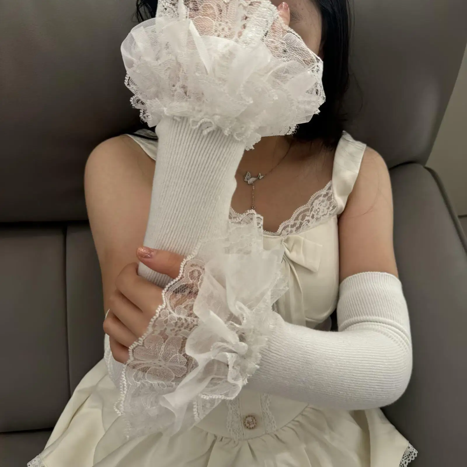 ロリータ風ハンドスリーブ、ニットパッチワーク、フリルレース、ホーンカフス、シャツ用フェイクスリーブ、刺繍入り、女性・女の子用リストウォーマー