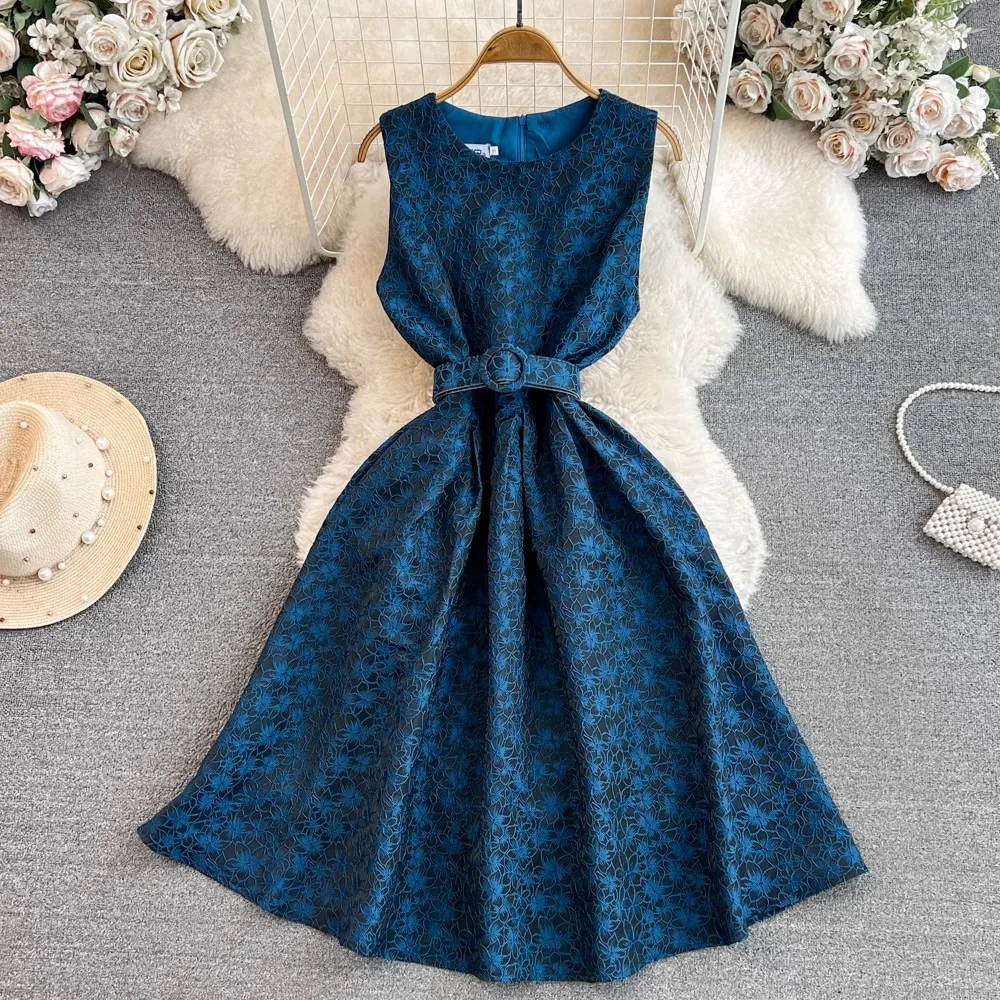 High Quality Elegant Women's Summer O Neck Belt Sleeveless Vintage Print Office A Line Big Swing Casual Party Dresses