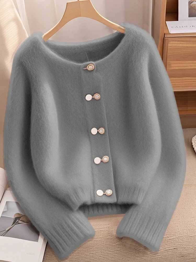 Retro Soft Lazy Style Thick Knitted Fashion Sweater Coat Grey round Neck Long Sleeve Autumn Trendy Women's Loose Fit Cardigan