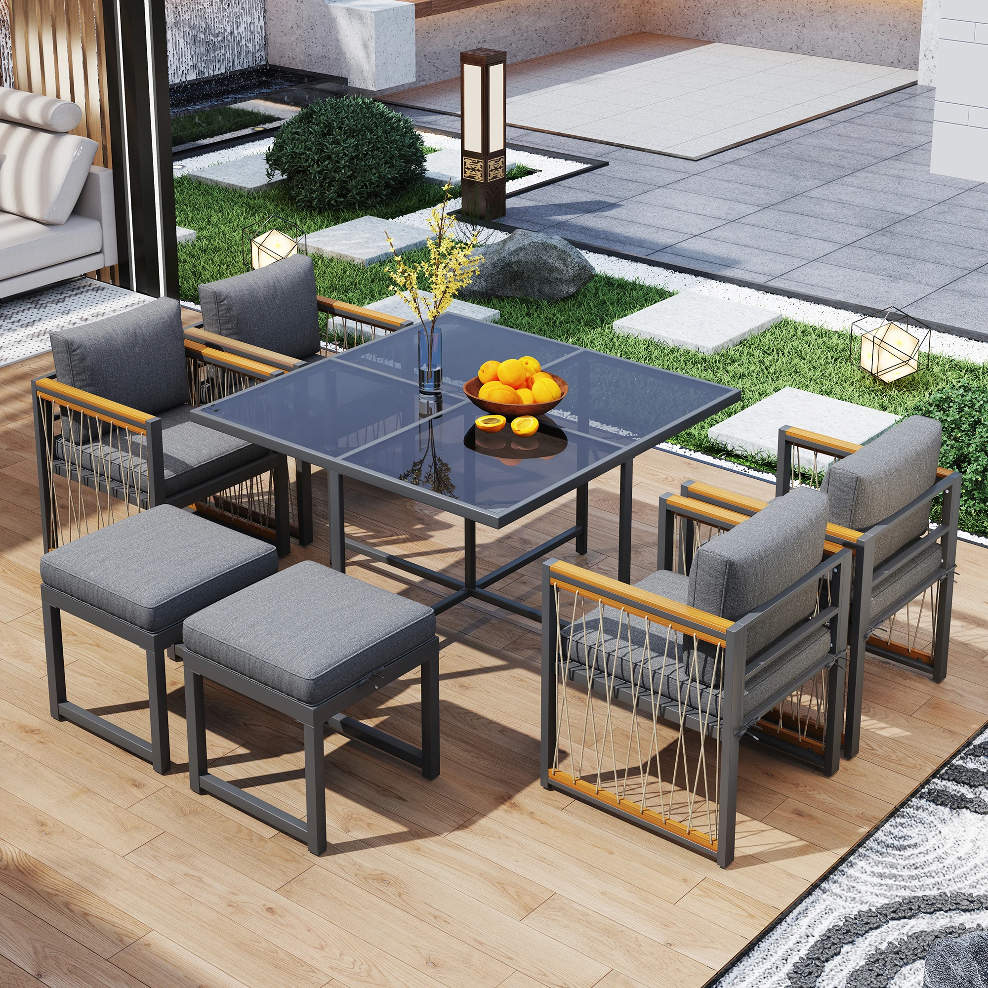 7-Herd-Set aus 6-Personen-Esstisch und Stuhl für den Außenbereich, Tisch aus gehärtetem Glas, Esstisch für den Außenbereich und Esstisch im Wohnzimmer