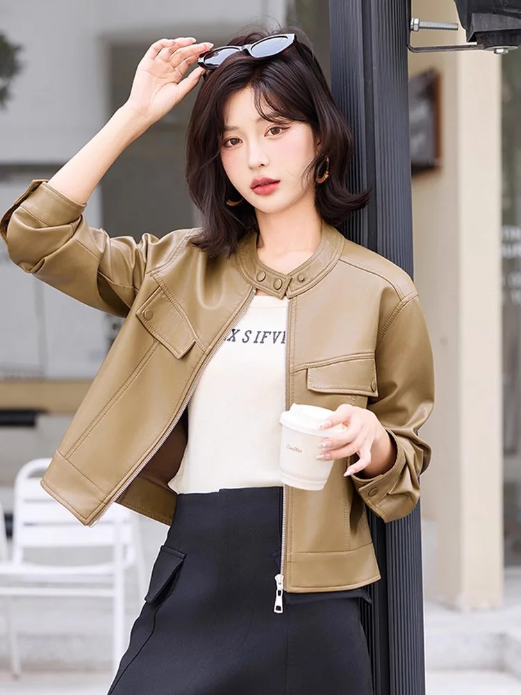 新作 レディース カジュアル スプリットレザー ジャケット 春 秋 ファッション スタンドカラー 長袖 ルーズショートコート 女性 レザージャケット