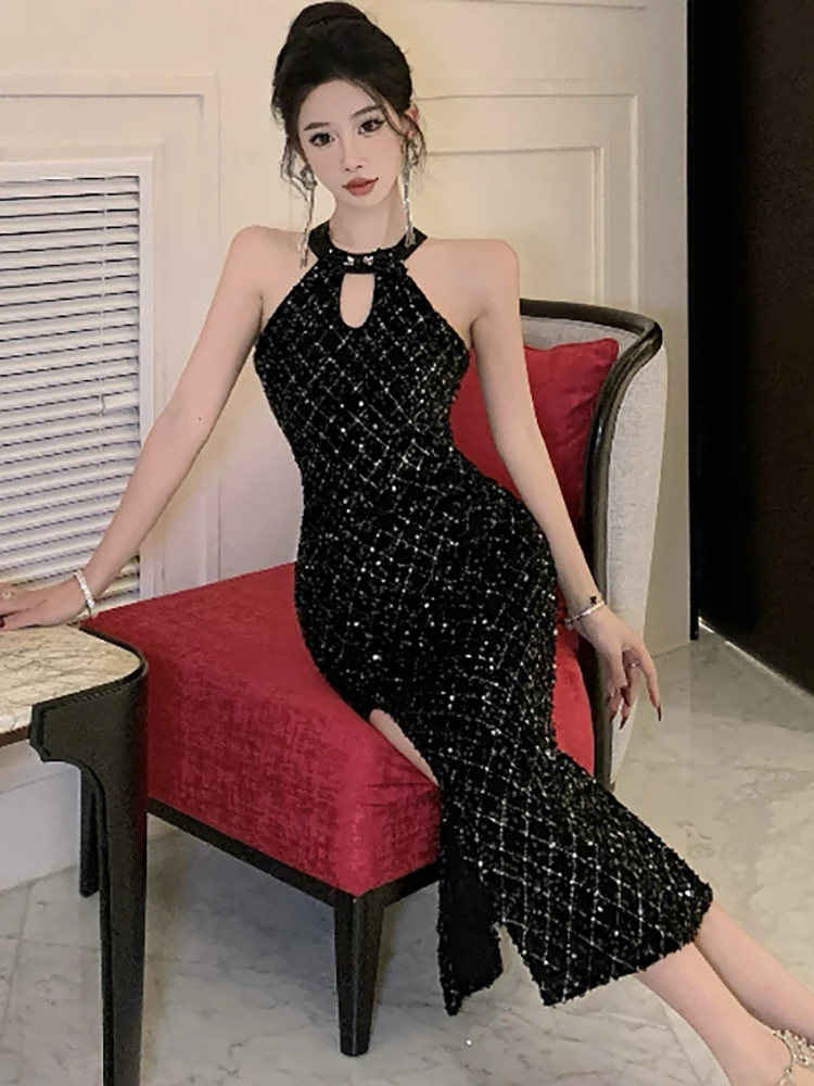 Autumn Winter Black Velvet Chic Sequins Plaid Long Dress Women Fashion Neck-mounted Sexy Club Dress 2025 Luxury Evening Dresses