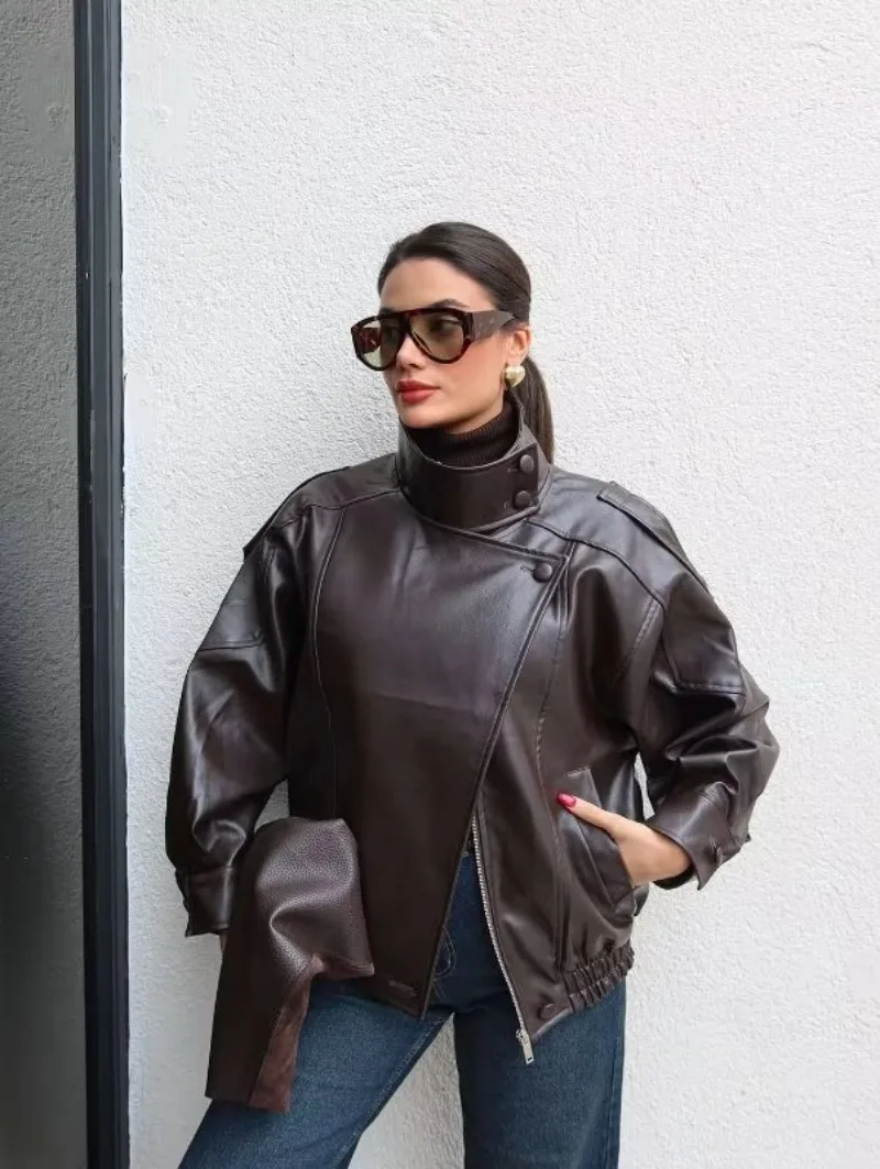 Women 2026 Spring Autumn New Hot Selling Faux Leather Long Sleeve Stand Collar Jacket Coat Vintage Loose PU Trendy Chic Daily