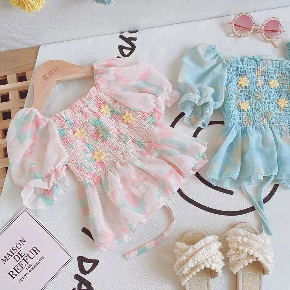 Cute Floral Baby Girls Shirt Summer Ruffles Short Puff Sleeve Square Collar Kids T-Shirts Princess Blouse Tops Children Clothes