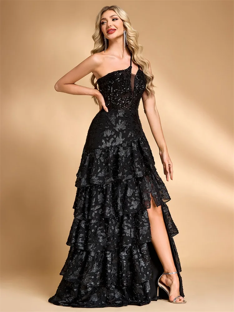 BLUEPLUM Abito da torta con scollo all'americana di lusso con spalle oblique Abiti da sera formali con spacco di paillettes di lusso Abiti da cocktail eleganti per feste a sirena