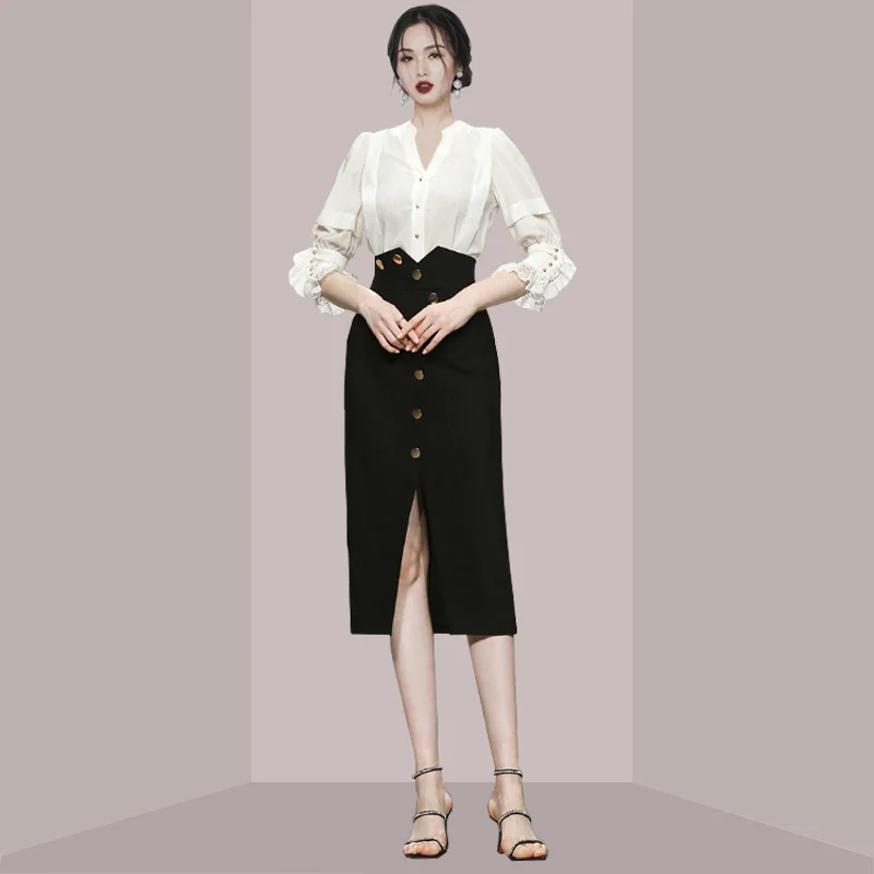 

Professional Stripe Pattern High Waist Midi Skirt And Shirt Two-Piece Set for Women Summer Fashion Outfits Mature Style