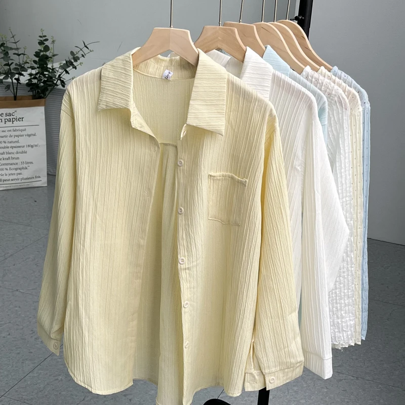 

Летняя тонкая солнцезащитная рубашка свободного кроя с длинными рукавами для женщин, однотонная верхняя одежда в корейском стиле для повседневной носки