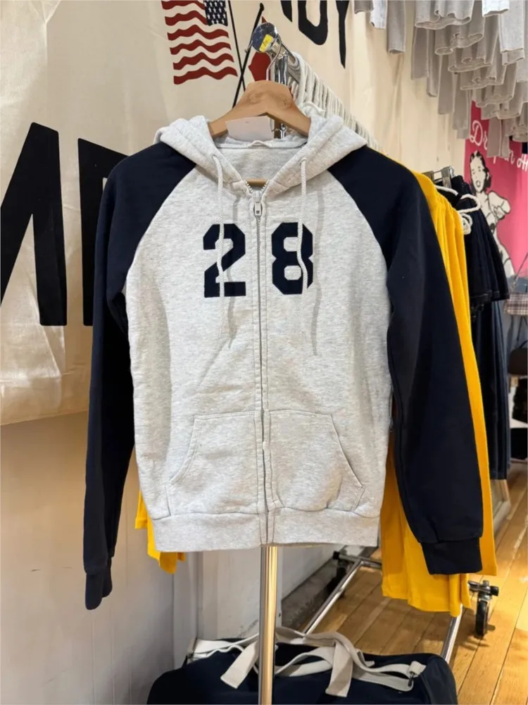 

NO.28 Patchwork Long Sleeve Sweatshirts Tops Women New Cotton Slim Pocket Zip-up Pullover Coat Vintage Preppy Style Chic Hoodie