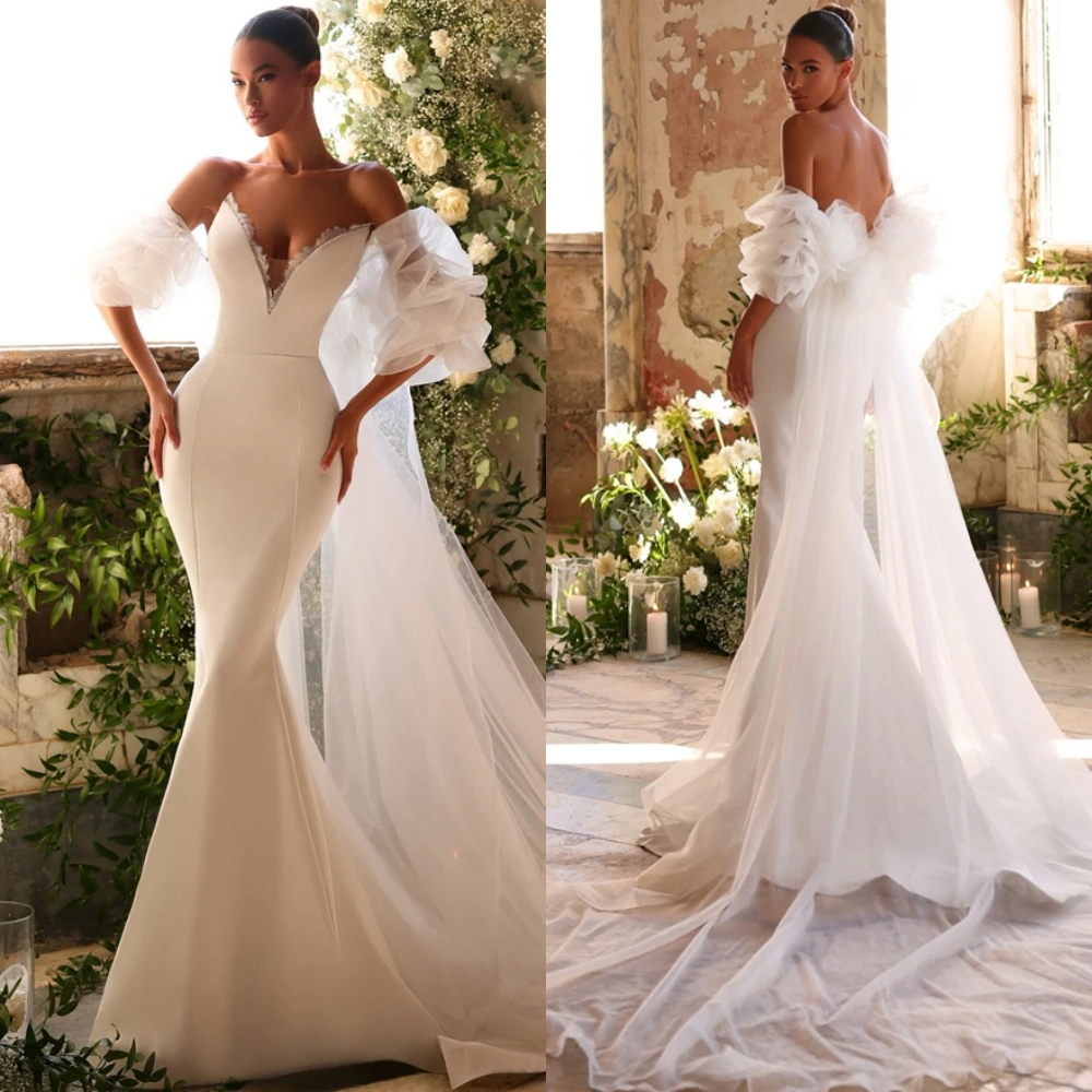 تخصيص كلاسيكي الأبيض جيرسي مساء اللباس الأنيق الخامس الرقبة أكمام فساتين الزفاف حساسة حورية البحر الدانتيل فساتين المشاهير #2