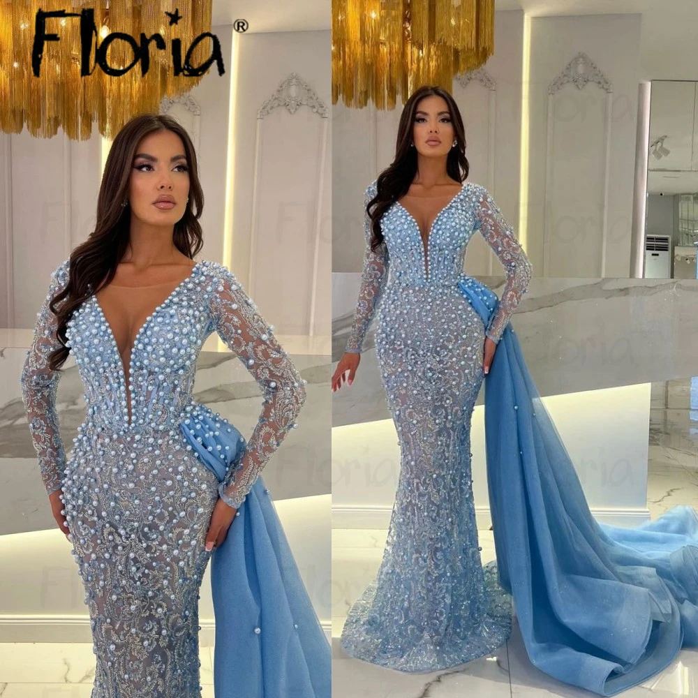 Blue Plunging Neck Luxuy Evening Dress With Side Long Train Women Wedding Party Gowns Long Sleeves Beaded Second Engagement Gown