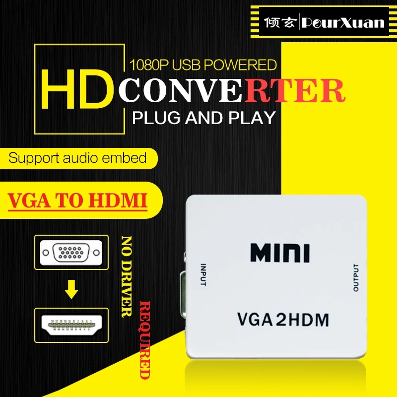 Adaptador convertidor vga a hdmi Full HD de 1080P con conector de audio estéreo de 3 y 5mm, compatible con HDMI para PC, portátil y proyector HDTV