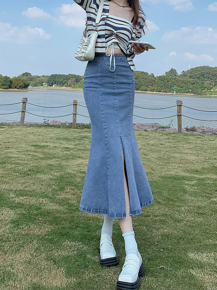 

High Waist Denim Skirt Women 2022 New Summer Solid Color All-Match Mid Long Package Hip Mermaid Skirt Fashion Girls A-Line Skirt