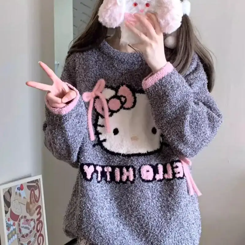 

Kawaii Hello Kitty Plush Long Sleeve Pants Pajama Set Sweet Girl Heart Cartoon Plus Fleece Thickened Warm Home Clothing