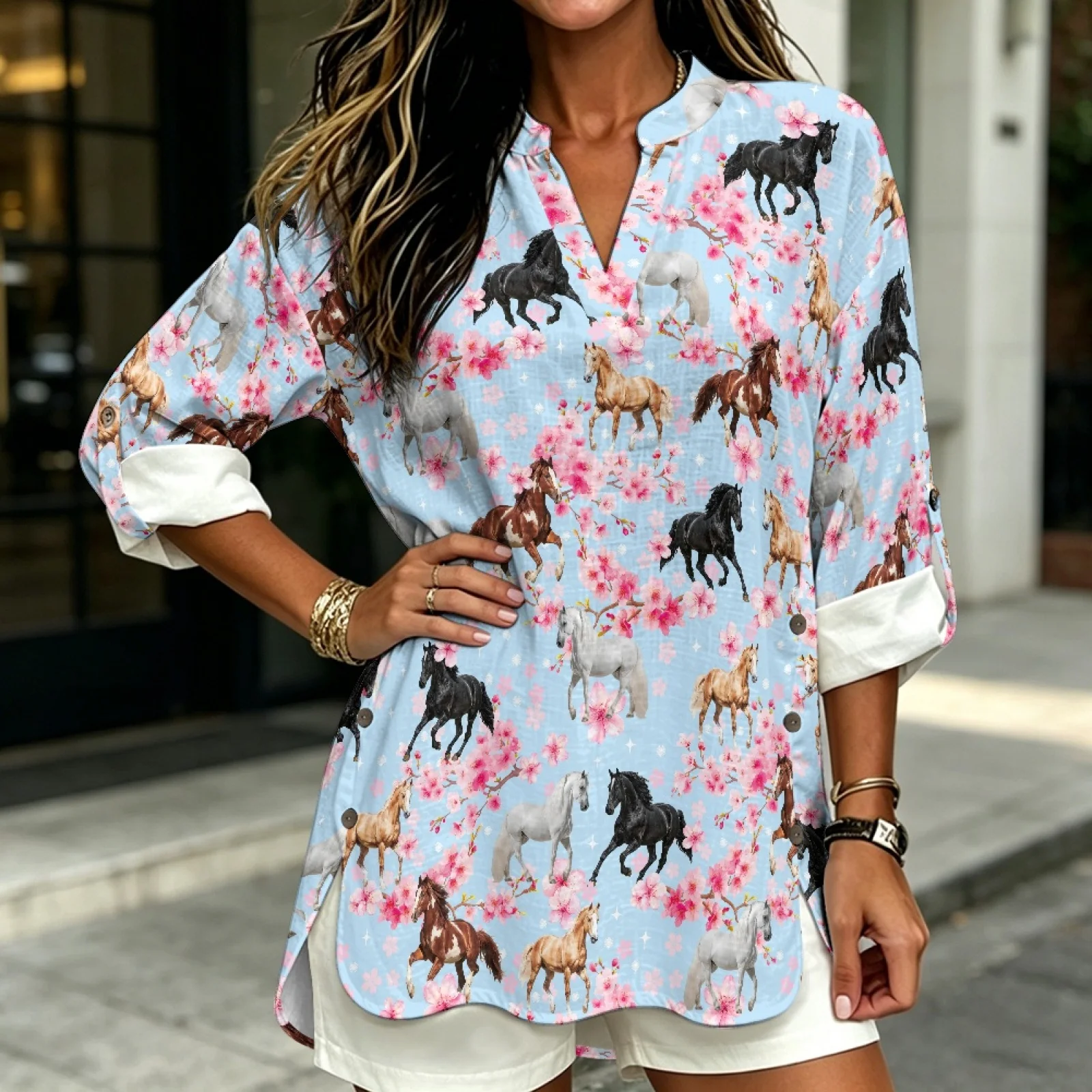 PENSTROLL Horse Cherry Blossom Linen Style Long Sleeve Shirts Trendy Long Sleeve Tops for Business Sizes S-5XL