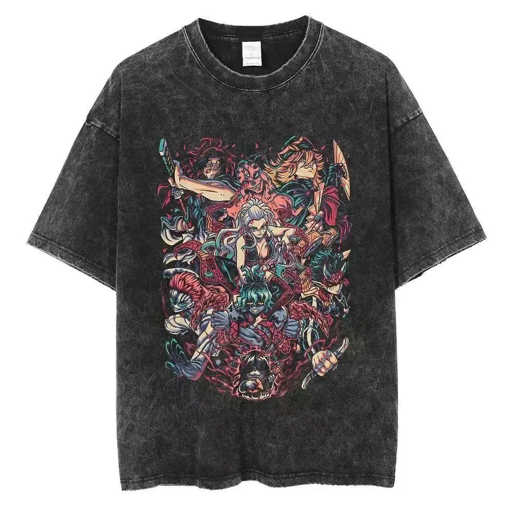 Washed to make old American Ghost Blade anime ukiyo-e summer retro t-shirt street trendy round neck short sleeved t-shirt