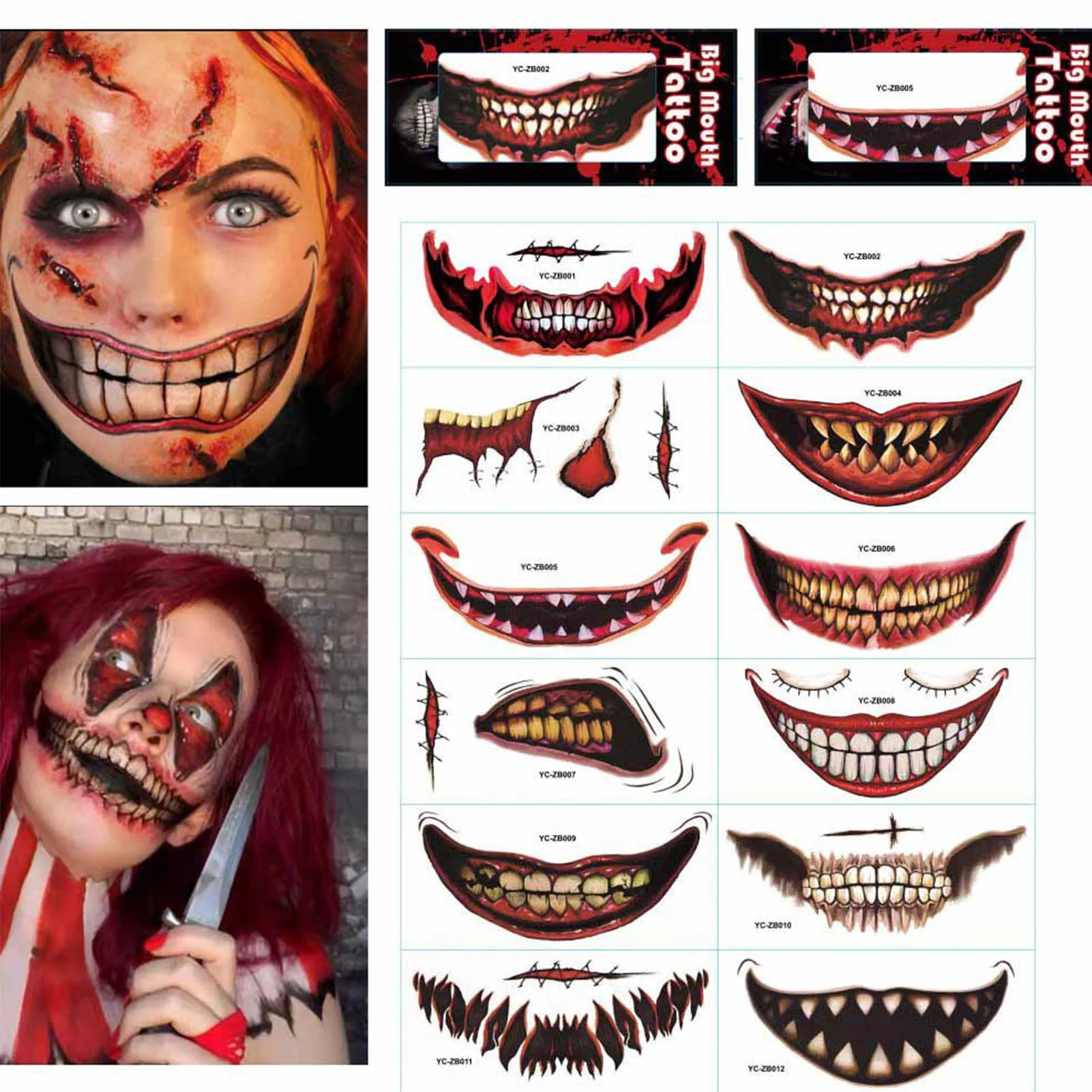 Halloween Mouth Tattoo Stickers DIY Horror Lip Scratched Face Stickers Decors Face Body Art Fake Tattoos Decals