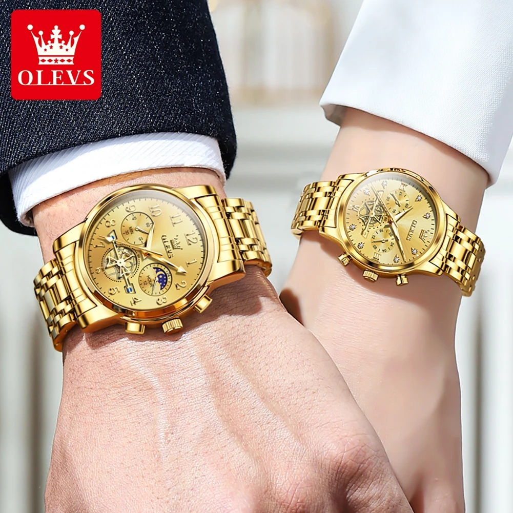 OLEVS 2024 New Luxury Stainless Steel Lover Watches Fashion Gold Quartz Watch for Men and Woman Couple Watch Lover\'s Wristwatch