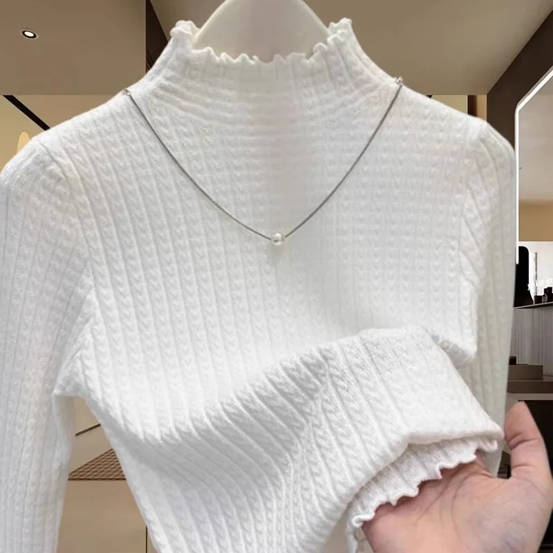 Novo branco malhas camisola de malha pulôveres femininos manga longa mock neck camisola de malha pulôver feminino topos sueter feminino q1754